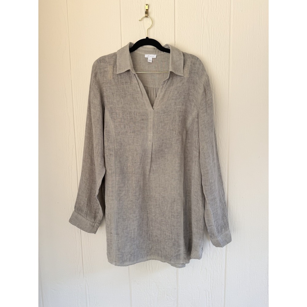 J.Jill 100% Linen Long Tunic Top V-neck Natural Tan Beige Color Large
